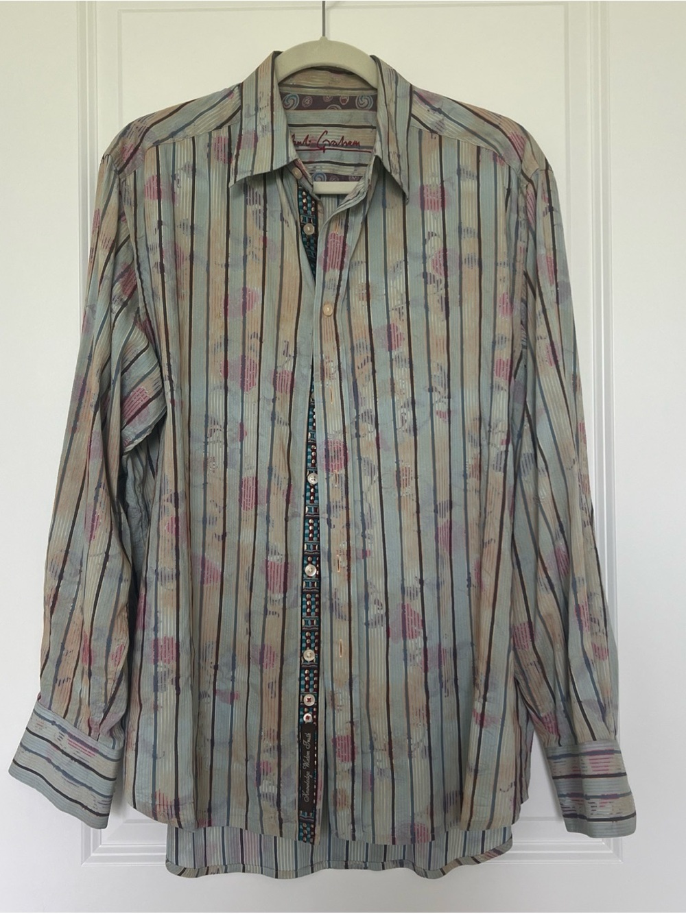 Robert Graham Stripe Button-Down Shirt Green Blue Pink Cream viscose blend M